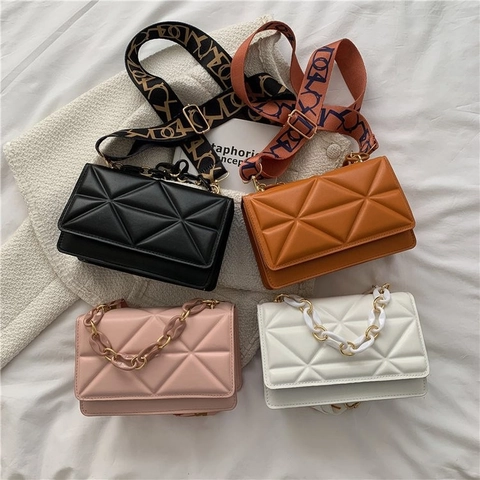 Women Quilted PU Leather Shoulder Bag Wide Strap Geometric Triangle Chain Handle Small Square Crossbody Purse