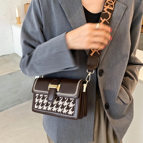 Bolso Bandolera Vintage para Mujer de Cuero PU Pata de Gallo Color de Contraste Bolso Cuadrado Pequeño con Cierre de Metal H y Correa Ancha