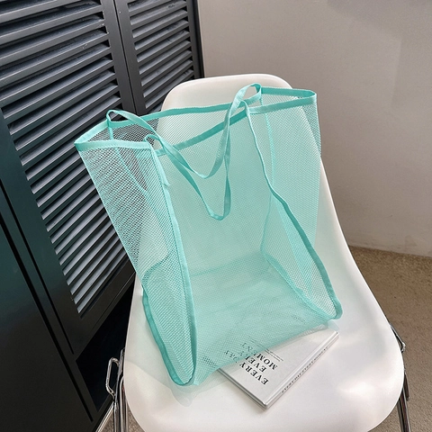 Large Capacity Mesh Tote Bag Solid Color Breathable Lightweight Zipper Shoulder Handbag For Women Shopping Beach