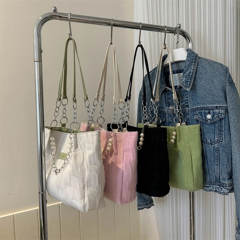 Women Textured Pleated Tote Bag With Artificial Pearl Chain Decor Fresh Style Solid Color Large Capacity Shoulder Handbag For Daily