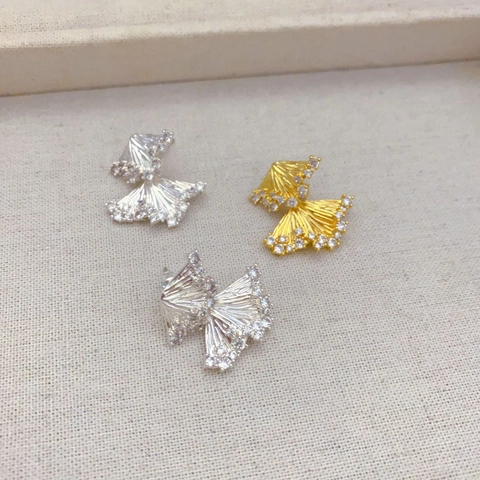 Fan Shape Stud Earrings With Zirconia And 925 Sterling Silver Earring Post Gold Plated Chic Jewelry For Women