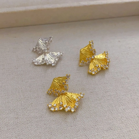 Fan Shape Stud Earrings With Zirconia And 925 Sterling Silver Earring Post Gold Plated Chic Jewelry For Women