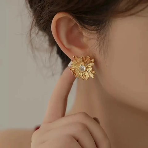 Daisy Sonnenblume Ohrstecker Messing 18K Vergoldet Zirkonia Mit 925 Sterling Silber Ohrstecker Für Frauen