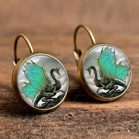 Vintage Westlicher Drache Zeitstein Glas Cabochon Ohrringe Antike Bronze Fantasy Gothic Brisur Ohrringe Für Damen Schmuck Geschenk