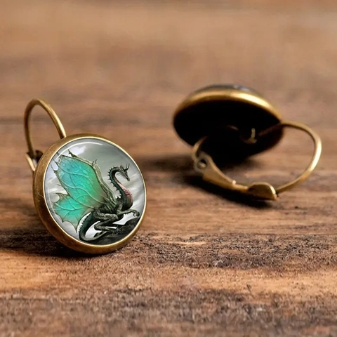 Vintage Westlicher Drache Zeitstein Glas Cabochon Ohrringe Antike Bronze Fantasy Gothic Brisur Ohrringe Für Damen Schmuck Geschenk