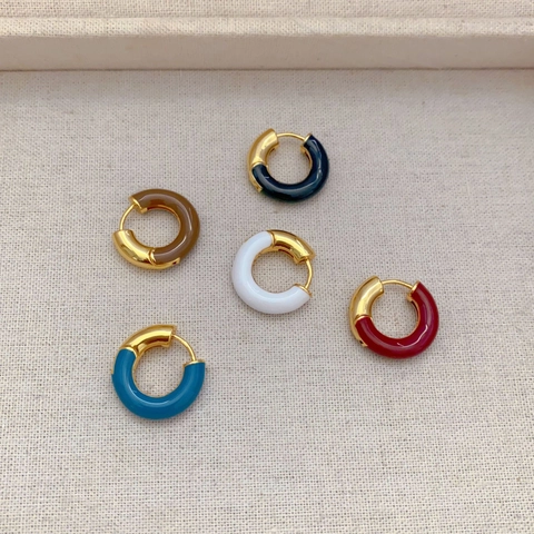 Boucles d'Oreilles Créoles en Émail Style Français Pour Femmes Laiton Plaqué Or 18K Couleur Contrastée Géométrique Petit Bijou Mode