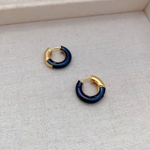 Boucles d'Oreilles Créoles en Émail Style Français Pour Femmes Laiton Plaqué Or 18K Couleur Contrastée Géométrique Petit Bijou Mode