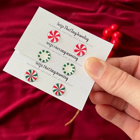 Christmas Candy Peppermint Swirl Stud Earrings Stainless Steel Glass Round Red Green White Festive Fashion Jewelry For Women