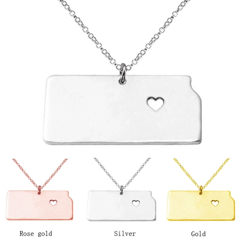 Kansas State Map Pendant Necklace Stainless Steel Heart Cutout Minimalist Geographic Travel Jewelry For Women Men