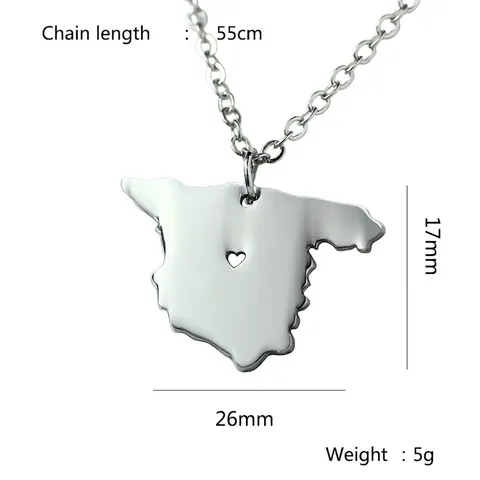 Spain Map Pendant Necklace Stainless Steel Minimalist Heart Hollow Travel Jewelry For Women Men Silver Color