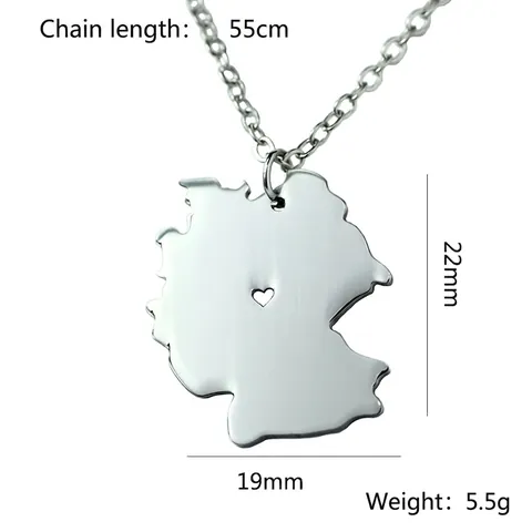 Deutschland Karte Anhänger Halskette Edelstahl Minimalistisch Herz Ausschnitt Silber Poliert Reise Souvenir Schmuck