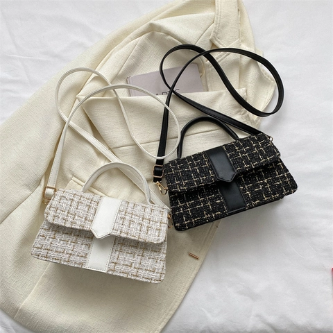 Women Elegant Tweed Handbag Small Square Crossbody Bag With Adjustable PU Strap Top Handle For Daily Party Fashion