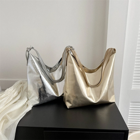Damen Metallic Tote Bag Mit Großer Kapazität Weiches PU Leder Hobo Umhängetasche Minimalistische Urbane Freizeit Einkaufstasche
