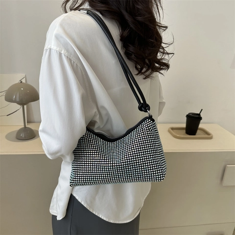 Women Full Rhinestone Underarm Hobo Bag Sparkling Diamond Shoulder Handbag PU Leather For Evening Party