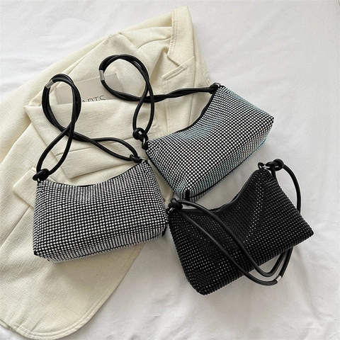 Women Full Rhinestone Underarm Hobo Bag Sparkling Diamond Shoulder Handbag PU Leather For Evening Party