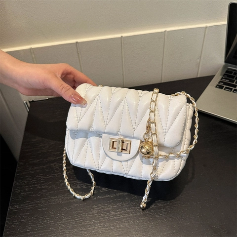 Women Quilted Crossbody Bag PU Leather V Pattern Square Shoulder Bag With Gold Ball Chain Strap Turn Lock