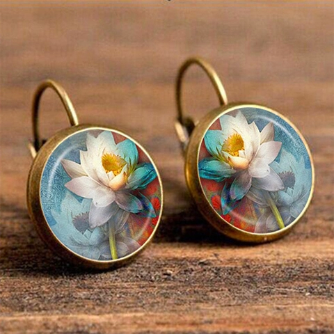 Boucles D'oreilles Dormeuses Rondes En Verre Cabochon Avec Motif Lotus Artistique Style Ethnique Rétro Pour Femmes