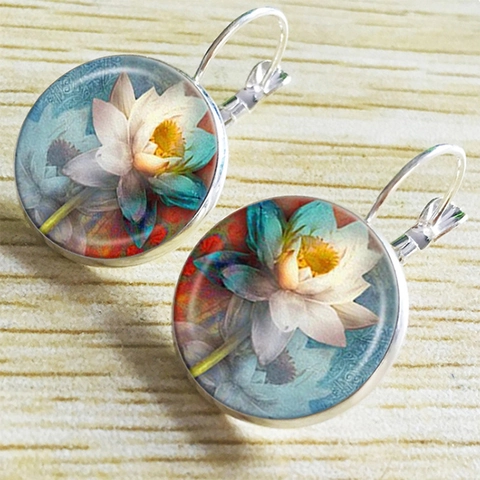 Boucles D'oreilles Dormeuses Rondes En Verre Cabochon Avec Motif Lotus Artistique Style Ethnique Rétro Pour Femmes
