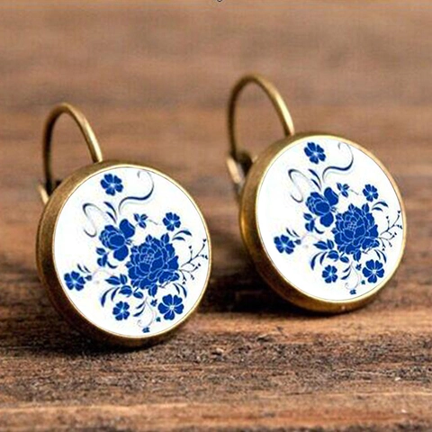 Vintage Blau Weiß Porzellan Blumen Leverback Ohrringe Glas Cabochon Französisch Haken Edelstein Ohrringe Für Damen Geschenk