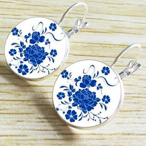 Vintage Blau Weiß Porzellan Blumen Leverback Ohrringe Glas Cabochon Französisch Haken Edelstein Ohrringe Für Damen Geschenk