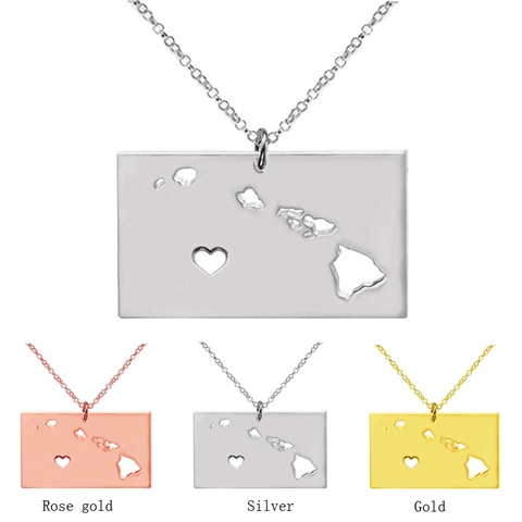 Hawaii State Map Pendant Necklace Stainless Steel Hollow Heart Rectangular Tag Gold Silver Rose Gold Travel Souvenir