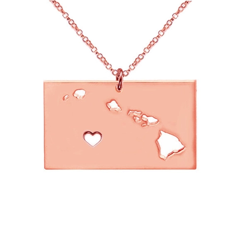 Hawaii State Map Pendant Necklace Stainless Steel Hollow Heart Rectangular Tag Gold Silver Rose Gold Travel Souvenir