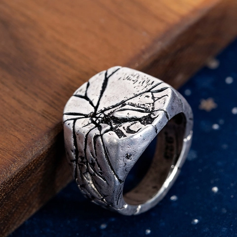 Anello da Uomo Vintage Sigillo a Crepe Placcato Argento Texture Metallo Industriale Punk Rock Biker Gioielli da Uomo