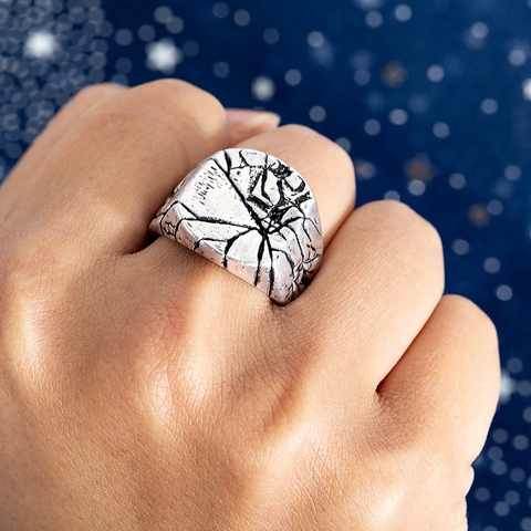 Anello da Uomo Vintage Sigillo a Crepe Placcato Argento Texture Metallo Industriale Punk Rock Biker Gioielli da Uomo