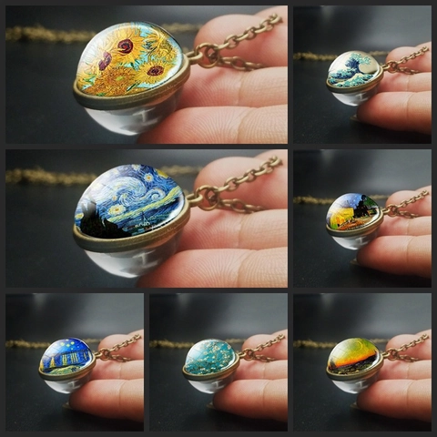 Vintage Van Gogh Art Glass Ball Pendant Necklace Alloy Bronze Silver Double Sided Art Painting Jewelry For Women Art Lovers