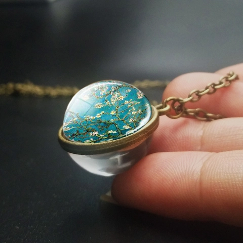 Vintage Van Gogh Art Glass Ball Pendant Necklace Alloy Bronze Silver Double Sided Art Painting Jewelry For Women Art Lovers