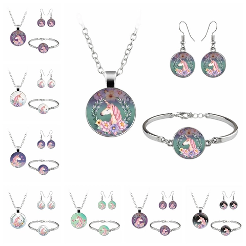 Joyería Floral Unicornio Acuarela Aleación Vidrio Cabujón Collar Pendientes de Gancho Pulsera Abierta Para Niñas Mujeres Joyería Regalo
