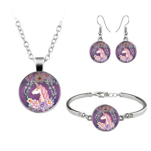 Joyería Floral Unicornio Acuarela Aleación Vidrio Cabujón Collar Pendientes de Gancho Pulsera Abierta Para Niñas Mujeres Joyería Regalo