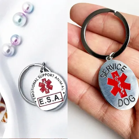 Stainless Steel Medical Alert Keychain Emotional Support Animal ESA Service Dog Tag ID Pendant For Pet Collar Identification