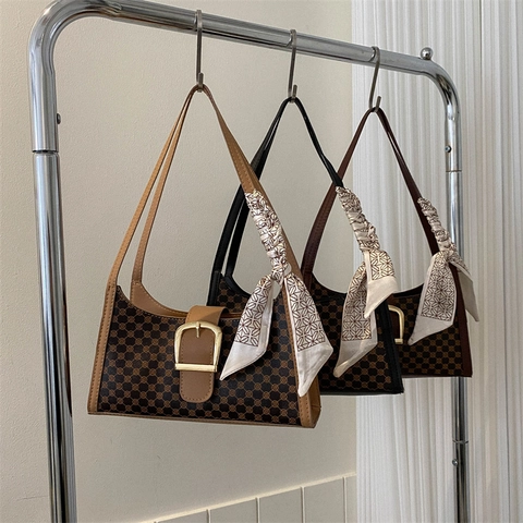 Petit Sac Sous le Bras Monogramme Vintage pour Femmes Chic Français Cuir PU Sac à Épaule Ruban Satin Décoratif Boucle Métal