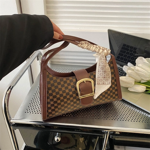 Petit Sac Sous le Bras Monogramme Vintage pour Femmes Chic Français Cuir PU Sac à Épaule Ruban Satin Décoratif Boucle Métal