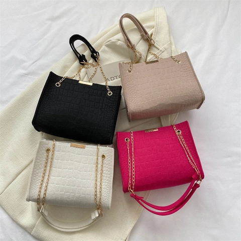 Crocodile Pattern Felt Crossbody Bag Women Fashion Small Square Handbag With Metallic Chain Strap Elegant Daily Purse