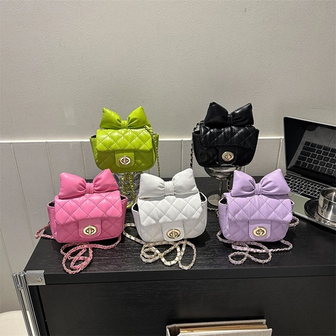 Women's Mini Quilted Shoulder Bag With Large Bow Decoration PU Leather Chain Crossbody Small Square Bag For Daily Party