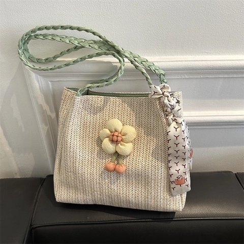 Borsa Tote da Donna Casual in Paglia Intrecciata per Spiaggia Estate Vacanza Con Ciondolo Floreale e Sciarpa Decorativa