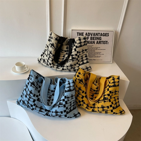 Sac Cabas En Tricot Grande Capacité Motif Damier Pixélisé Sac À Main Épaule Rétro Travail Quotidien Mode Moderne