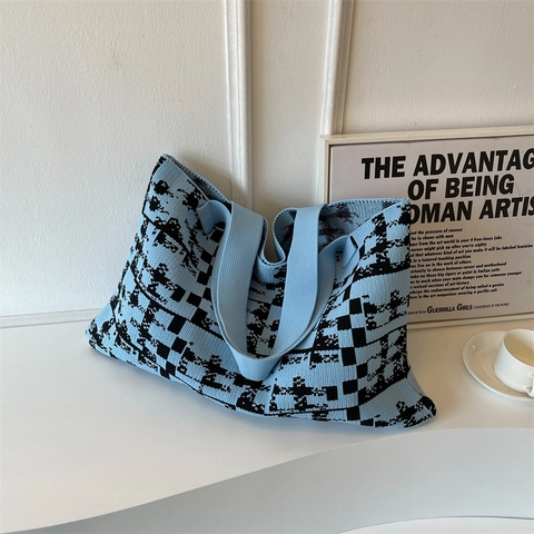 Sac Cabas En Tricot Grande Capacité Motif Damier Pixélisé Sac À Main Épaule Rétro Travail Quotidien Mode Moderne