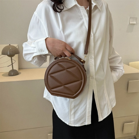Γυναικεία Μικρή Στρογγυλή Τσάντα Crossbody Καπιτονέ PU Δερμάτινη Τσάντα Χειρός Vintage Τσάντα Ώμου για Καθημερινή Χρήση