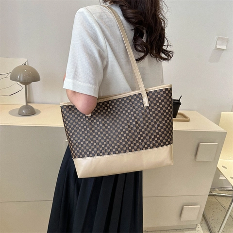 Bolso Tote de Gran Capacidad para Mujer Vintage Estampado Geométrico Retro Cuero PU Color de Contraste Bolso de Hombro para Uso Diario