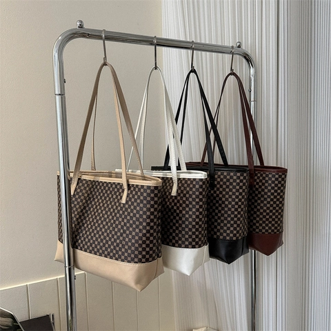 Bolso Tote de Gran Capacidad para Mujer Vintage Estampado Geométrico Retro Cuero PU Color de Contraste Bolso de Hombro para Uso Diario