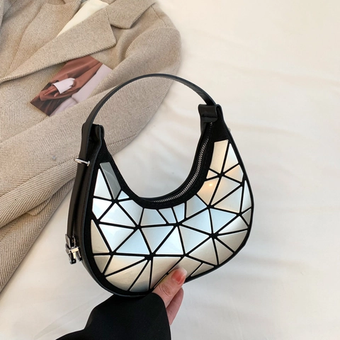 Sac Hobo Croissant Patchwork Géométrique Cuir PU Métallique Holographique Sac Bandoulière Sous Aisselle Pour Femmes