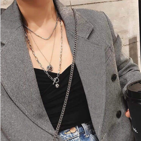 Collier Multi Rangs Alliage Couleur Argent Retro Médaille Pièce Boule Métallique Fermoir Cabestan Punk Hip Hop Bijoux Mixte