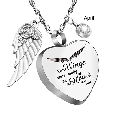 Stainless Steel Heart Wing Urn Necklace For Ashes Memorial Cremation Jewelry Inscribed Birthstone Pendant For Women