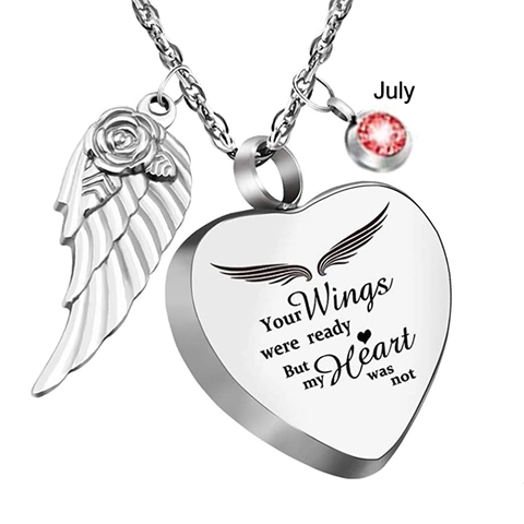 Stainless Steel Heart Wing Urn Necklace For Ashes Memorial Cremation Jewelry Inscribed Birthstone Pendant For Women