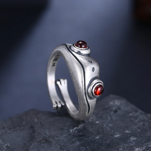 Retro Frosch Ring Legierung Sterlingsilber Mit Roten Augen Verstellbares Offenes Band Kreativer Tier Schmuck Geschenk