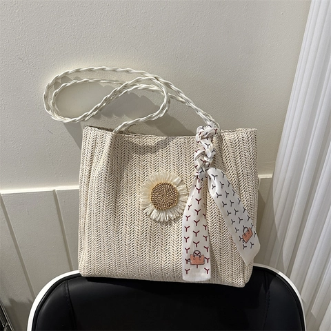 Bolso Tote de Paja Tejida Gran Capacidad Decoración de Girasol Bufanda de Seda Mujer Verano Playa Bolso de Hombro Vacaciones