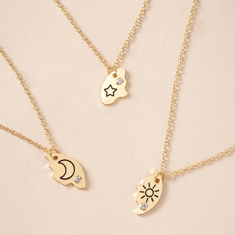 Sun Moon Star Puzzle Necklaces Stainless Steel Rhinestone Inlay Friendship Jewelry For Best Friends Fashion Commuter Style